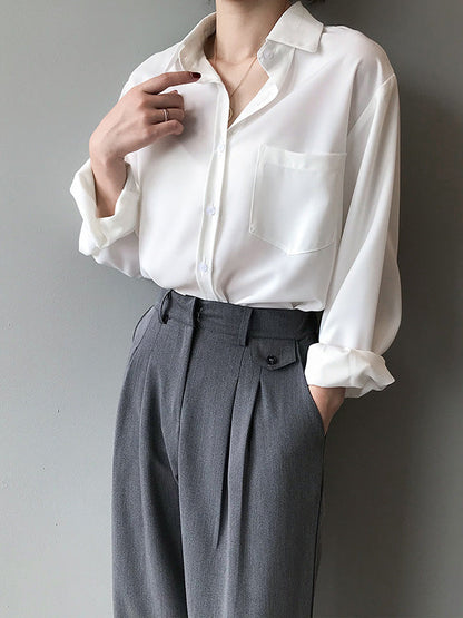 Urban Solid Color Lapel Long Sleeves Blouse