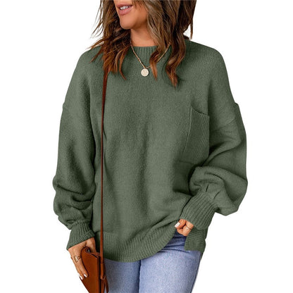 Loose Round Neck Lantern Sleeve Solid Color Sweater