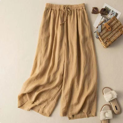 Breathable High-Waisted Linen and Cotton Cropped Pants