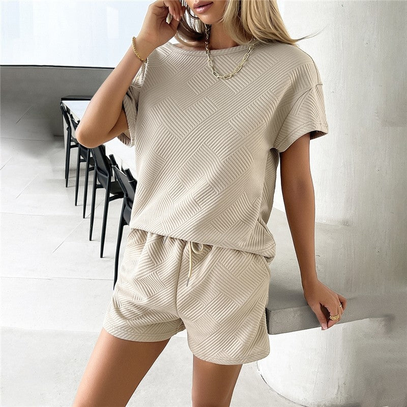 Knit Casual Round Neck Top and Shorts Ensemble