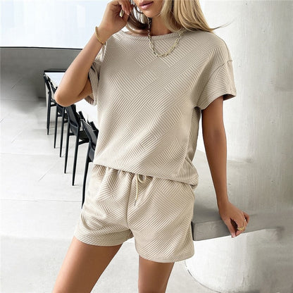 Knit Casual Round Neck Top and Shorts Ensemble