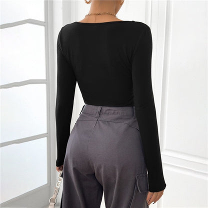 Square Neck Long Sleeve Solid Color Bodysuit Rompers