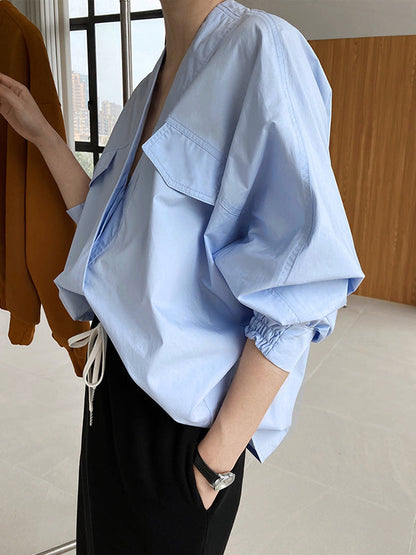 Trendy Batwing Sleeves Solid Color V-Neck Blouses