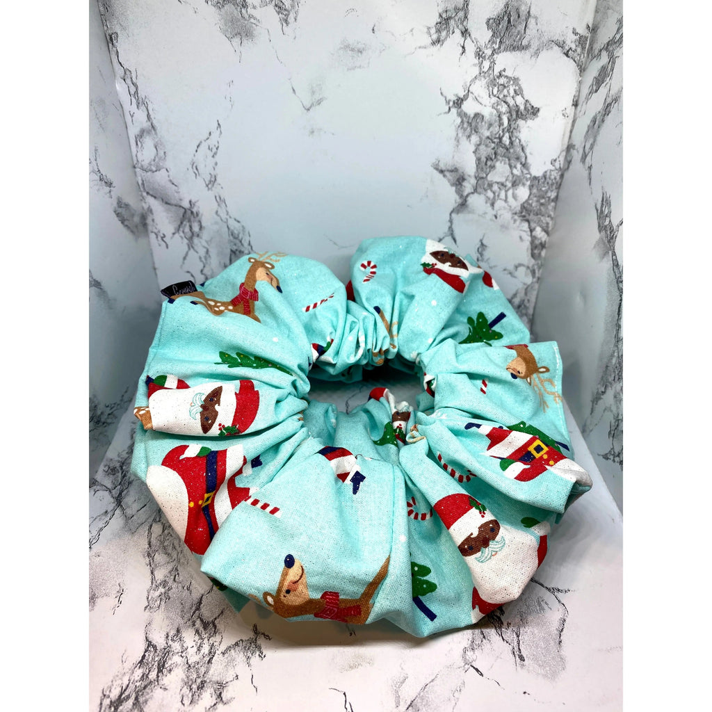 Blue Santa and Reindeer Christmas Scrunchie