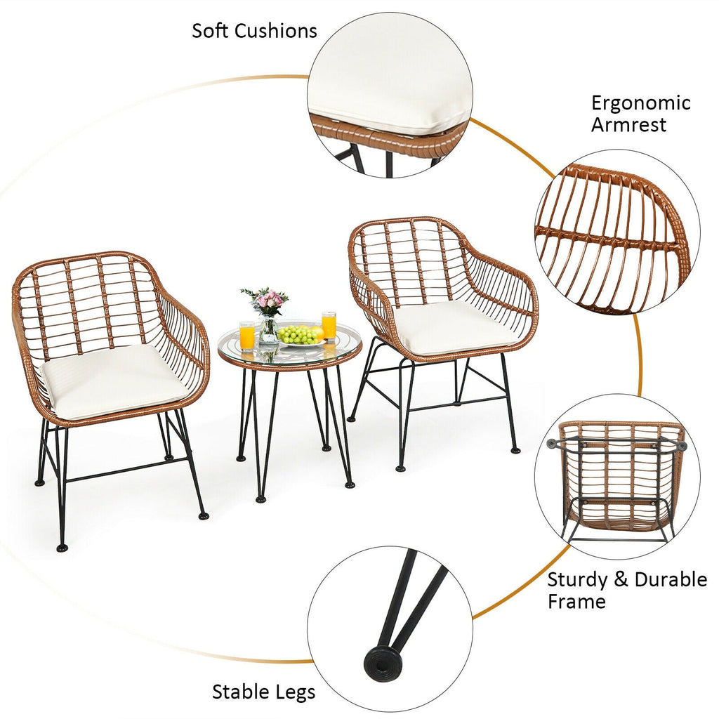 3-Piece Rattan Bistro Set with Cushions and Glass Table