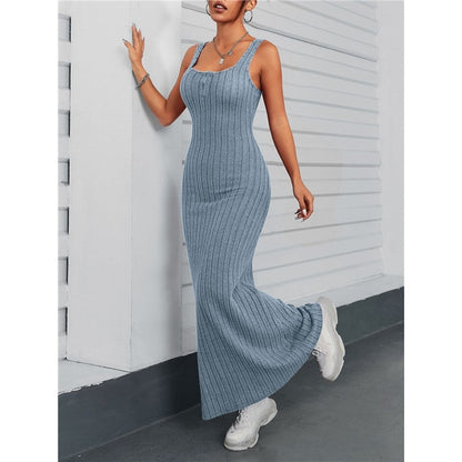 Solid Color Sleeveless Square Neck Slim Knitted Maxi Dress