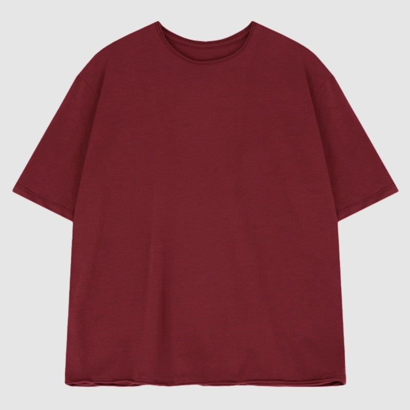 Round-Neck Short-Sleeved Plain T-Shirt With Contrast Hem For Women.
