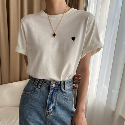 Embroidered Love Heart Casual Short Sleeve T-Shirt