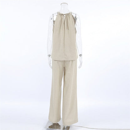 Sleeveless Top and Pants Pajama Set in Solid Color