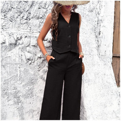 Stylish Sleeveless Vest Set with Solid Color Design for Casual Wear