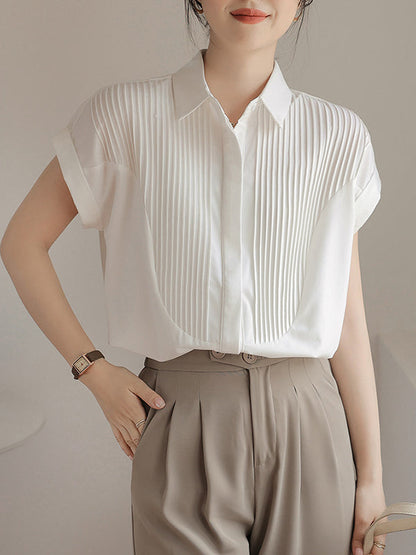 Loose Short Sleeves Buttoned Pleated Solid Color Split-Joint Lapel Blouses&Shirts Tops
