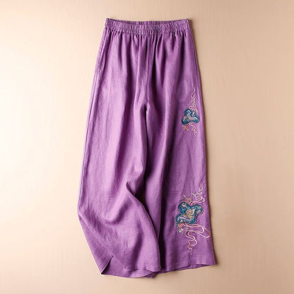 Embroidered Wide-Leg Linen Blend Cropped Pants