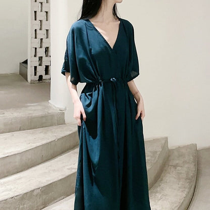 V-Neck Waist-Cinched Slim Fit Dress in Solid Color
