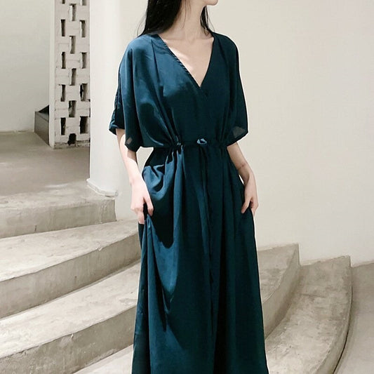 V-Neck Waist-Cinched Slim Fit Dress in Solid Color