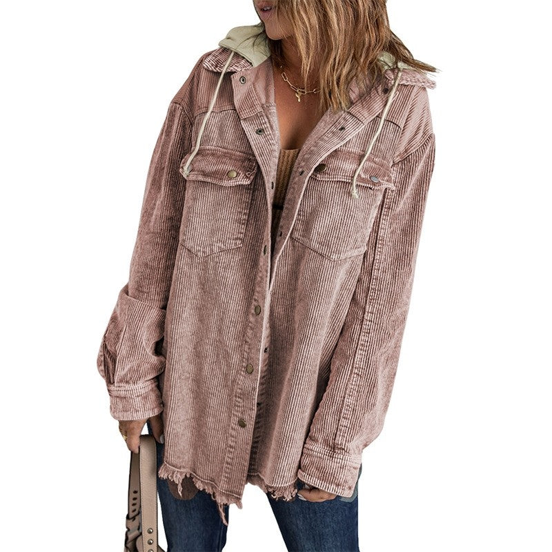 Loose Corduroy Color Block Hooded Jacket