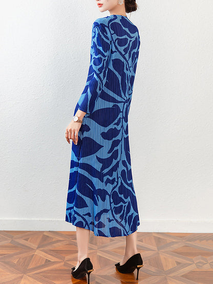 Fashion Floral Printed Pleated Long Sleeves Midi Dress