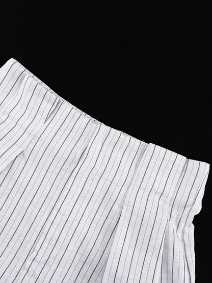 Long Sleeves Knot Split-Joint Striped Deep V-Neck Blouse + High Waisted Pleated Wide Leg Shorts Two Pieces Set