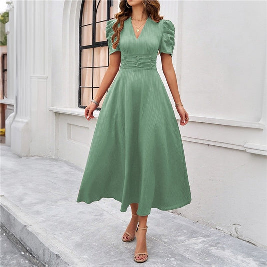 Short Sleeve Solid Color A-Line Maxi Dress
