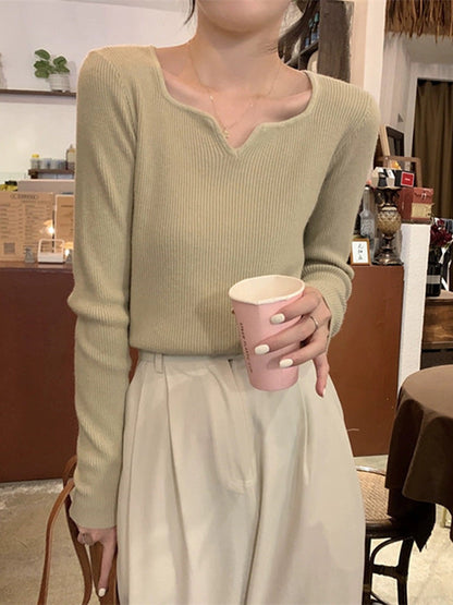Long Sleeves Skinny Colorful Solid Color V-Neck Knitwear Pullovers Sweater Tops