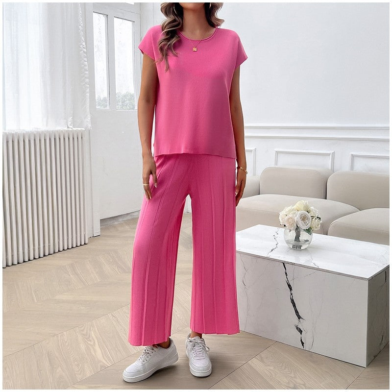 Solid Color Casual Knit Short Sleeve Sweater and Trouser Set