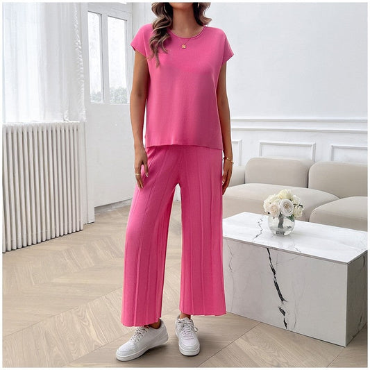 Solid Color Casual Knit Short Sleeve Sweater and Trouser Set