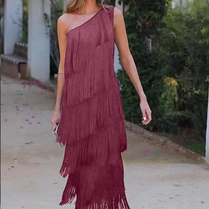 Fringe-Trimmed Asymmetric One-Shoulder Dress