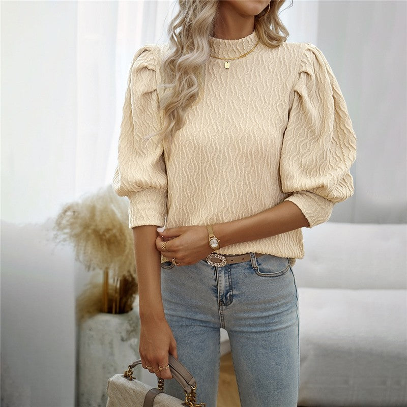 Solid Color Half Turtleneck Half Sleeve Pullover Blouse