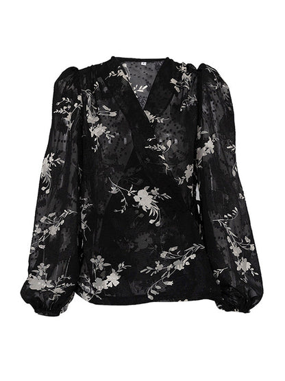 Loose Puff Sleeves Gauze Jacquard Lace-Up Pleated See-Through V-Neck Blouses&Shirts Tops