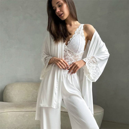 Tie-Waist Lace Robe and Pants Pajama Set