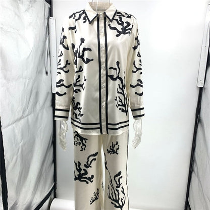Chic Satin Color Block Printed Suit