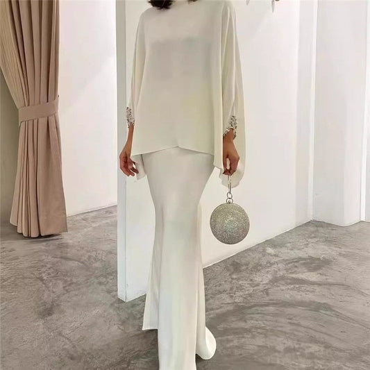 Solid Color Pearl Embellished Floor-Length Dress Ensemble