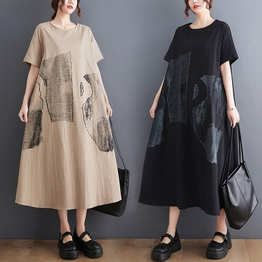 Loose-Fit Short Sleeve Printed Plus Size Midi Dress