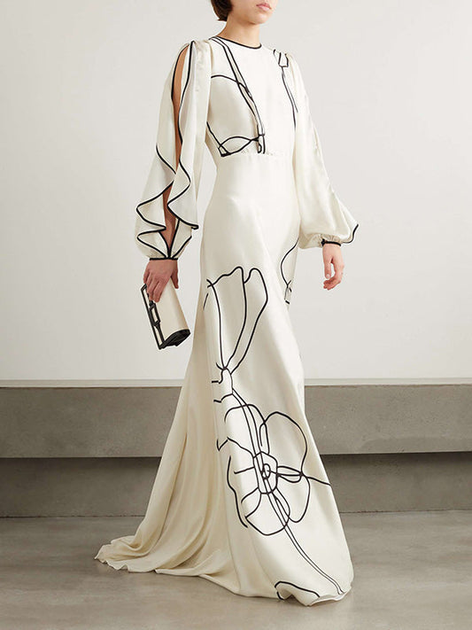 Flowy Floral Print Ruffle Maxi Dress with Hollow Out Design and Zipper