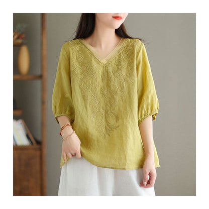 Casual V-Neck Embroidered Cotton-Linen Shirt with Heavy-Duty Construction