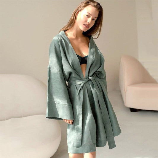 Solid Color Long Sleeve Waist-Tied Short Robe Loungewear