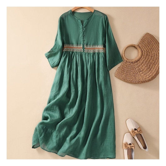 Flowy Bohemian Embroidered Round Neck Midi Dress