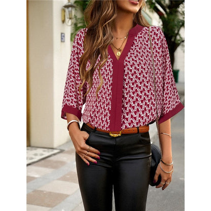 Contrast Color Half Sleeve Printing Pullover Blouse