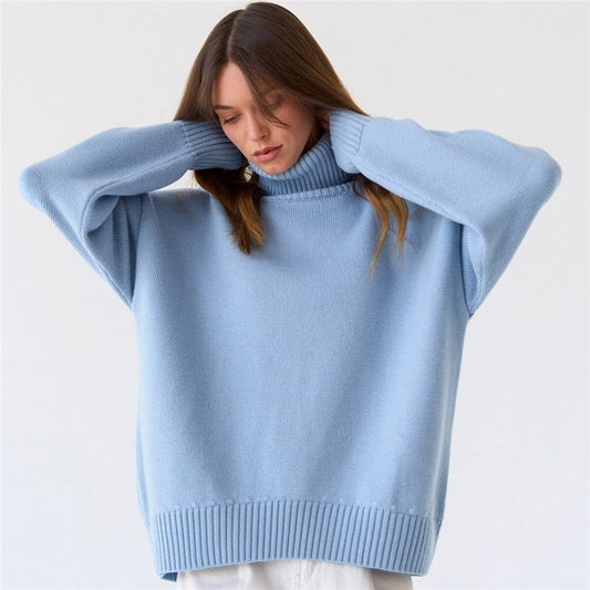 Solid Color High Neck Loose Pullover Sweater