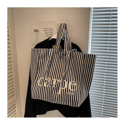 Striped Letter Canvas Tote Bag with Large Capacity