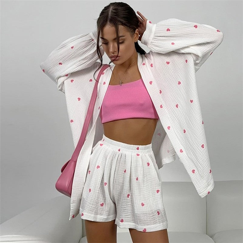 Heart Print Long Sleeve Tie-Waist Blouse and Shorts Set - Loungewear Suit