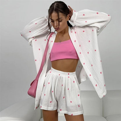 Heart Print Long Sleeve Tie-Waist Blouse and Shorts Set - Loungewear Suit
