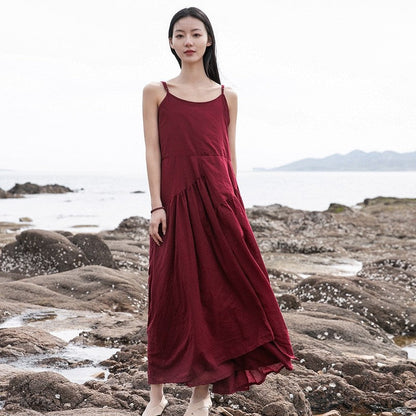 Bohemian Chic Asymmetrical Solid Color Sling Dress