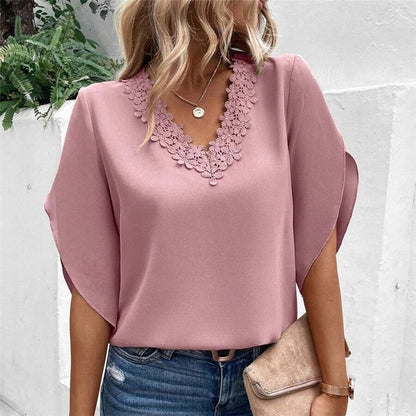 Solid Color Lace Trim V-Neck Trumpet Sleeve Blouse