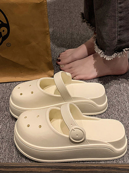 Hollow Round-Toe Solid Color Sandals Slippers