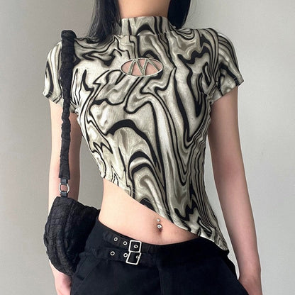 Water Ripple Hollow Letter Asymmetrical Crop Top