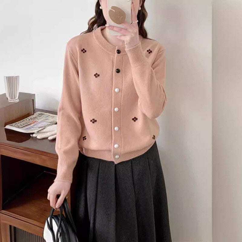 Long Sleeve Crewneck Single Breasted Knitted Cardigan Sweater