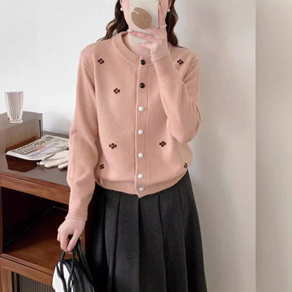 Long Sleeve Crewneck Single Breasted Knitted Cardigan Sweater
