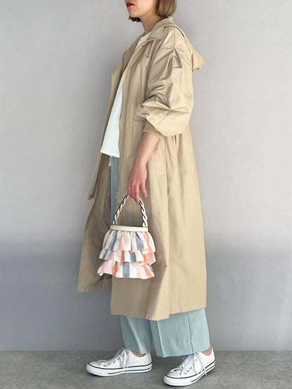 Loose Long Sleeves Drawstring Solid Color Zipper Hooded Trench Coats Outerwear