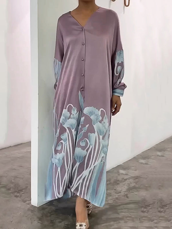 Long Sleeve Buttoned Muslim V-Neck Midi Dress with Contrast Color Flower & Leaves Print