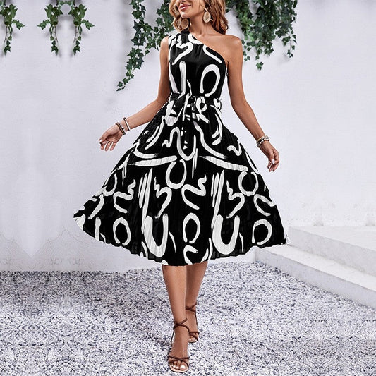 Stylish Floral Printed One-Shoulder High-Waisted Dress